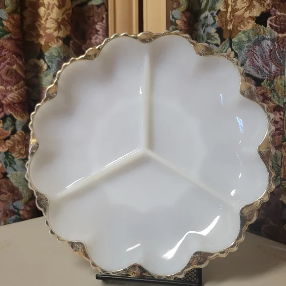 Vintage Milk Glass Relish Plate and Bowl with Gold accent Trim - Picture 4 of 14